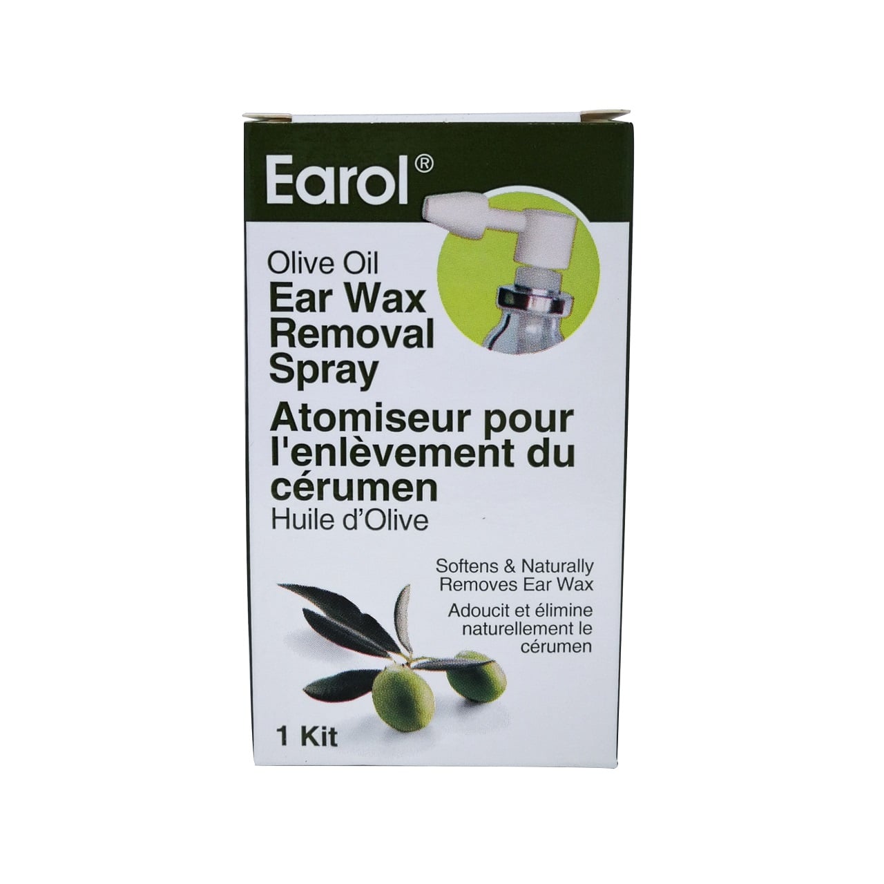 Product label for Earol Olive Oil Ear Wax Removal Spray Kit