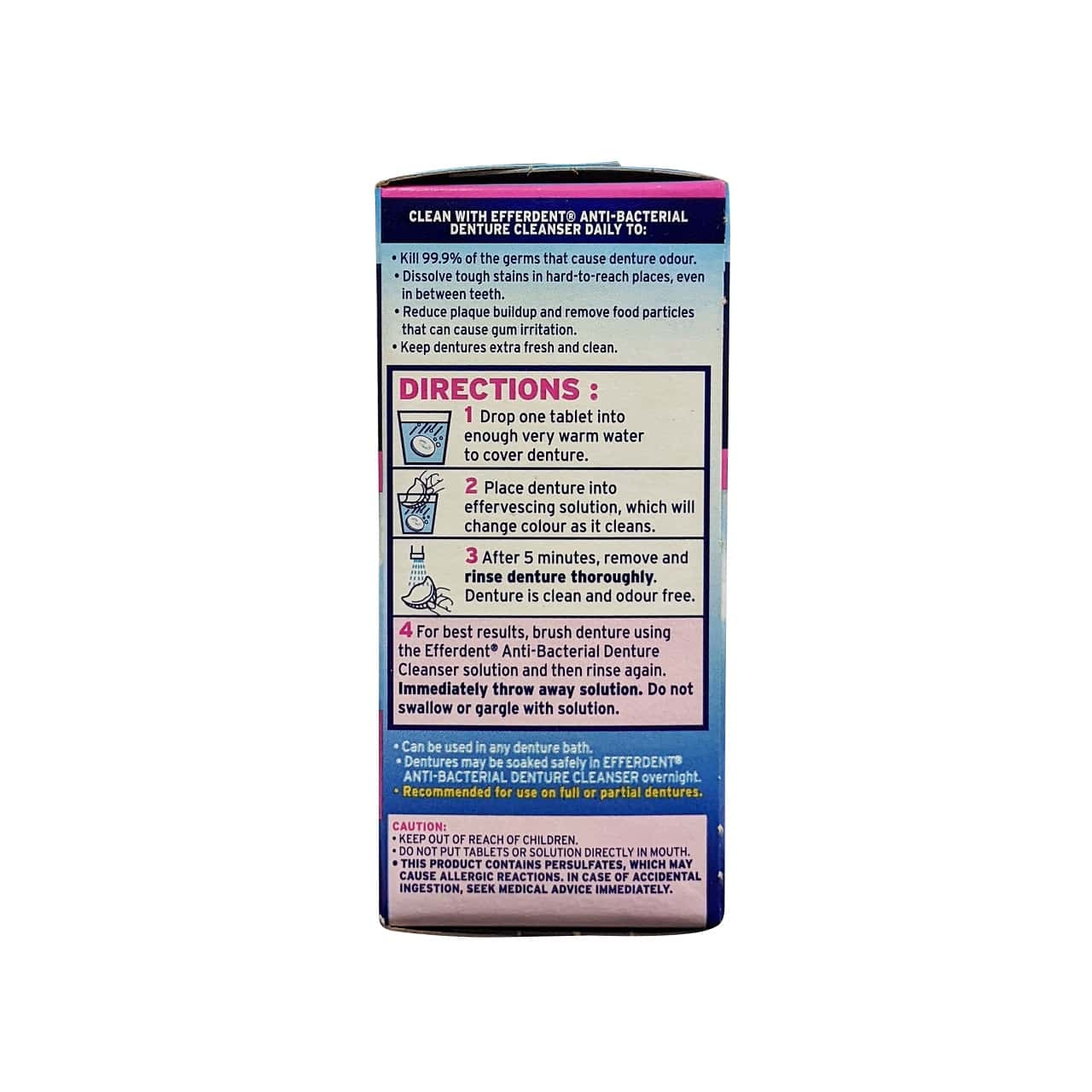 Description, directions, and cautions for Efferdent Complete Clean Antibacterial Denture Cleanser (32 tablets) in English