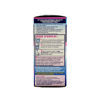 Description, directions, and cautions for Efferdent Complete Clean Antibacterial Denture Cleanser (32 tablets) in French