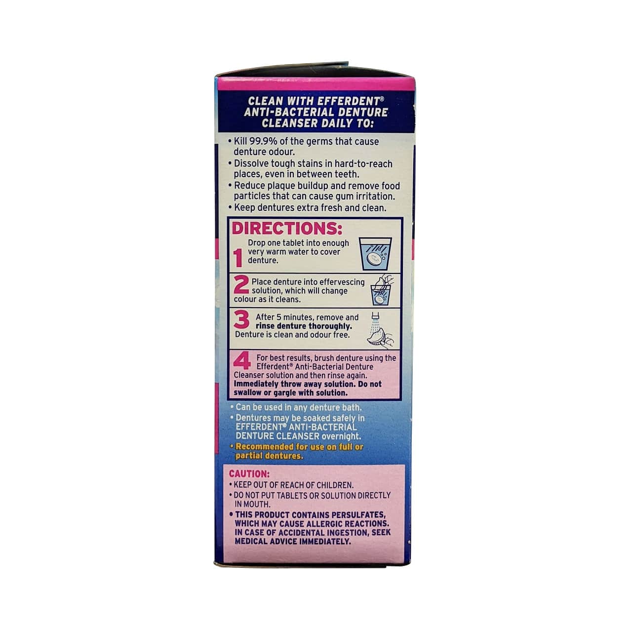 Description, directions, and caution for Efferdent Complete Clean Antibacterial Denture Cleanser (78 tablets) in English