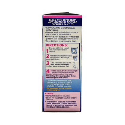 Description, directions, and caution for Efferdent Complete Clean Antibacterial Denture Cleanser (78 tablets) in English