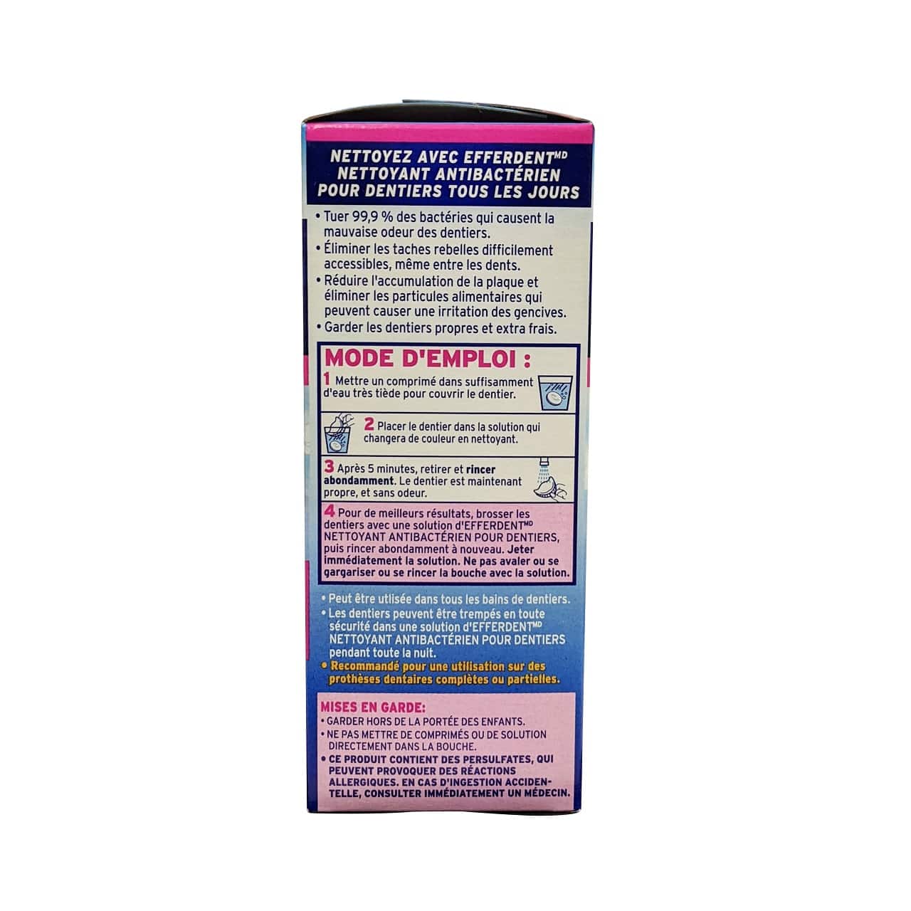 Description, directions, and caution for Efferdent Complete Clean Antibacterial Denture Cleanser (78 tablets) in French