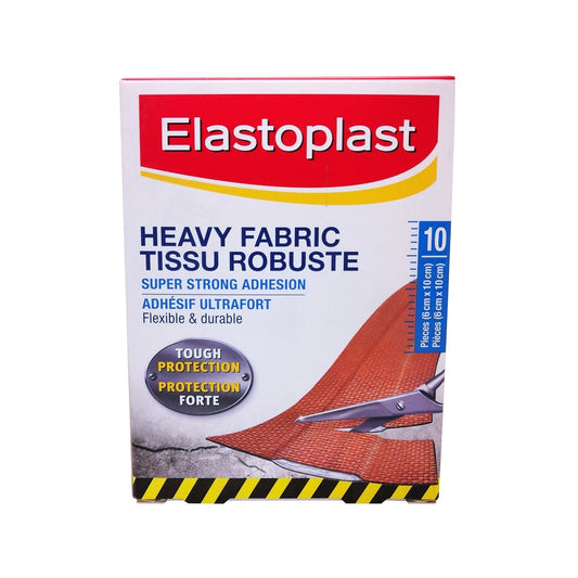 Product label for Elastoplast 6x10cm Heavy Fabric Bandages (10 bandages)