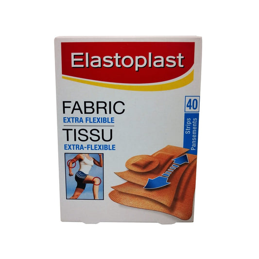 Product label for Elastoplast Assorted Fabric Bandages (40 bandages)