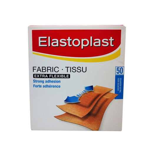 Product label for Elastoplast Assorted Size Fabric Bandages Extra Flexible (50 bandages)