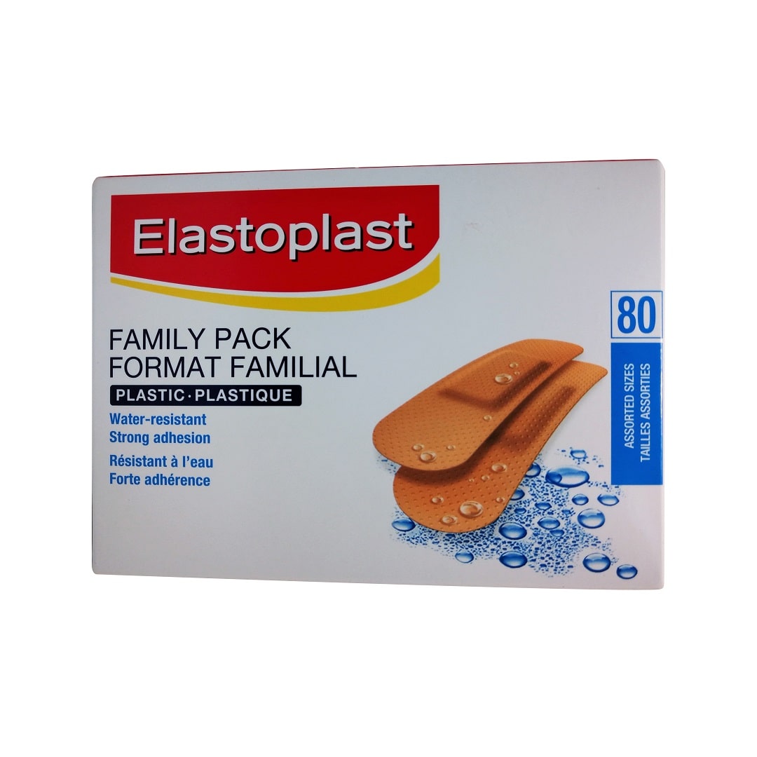 Product label for Elastoplast Assorted Size Plastic Bandages Family Pack (80 bandages)