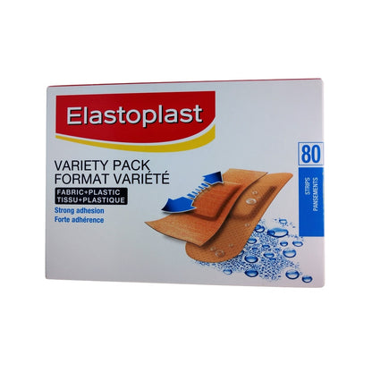 Product label for Elastoplast Assorted Size Plastic and Fabric Bandages Variety Pack (80 bandages)
