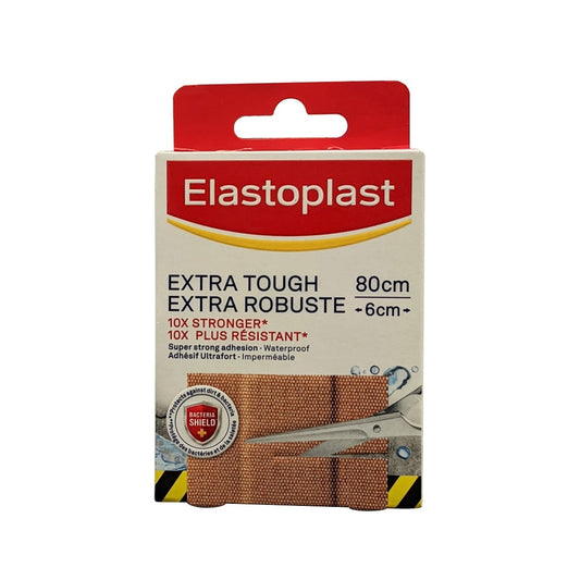 Product label for Elastoplast Extra Tough Bandages 6cm x 10cm (8 bandages)