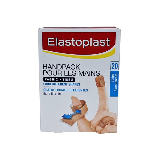 Product label for Elastoplast Fabric Hand Pack (20 bandages)
