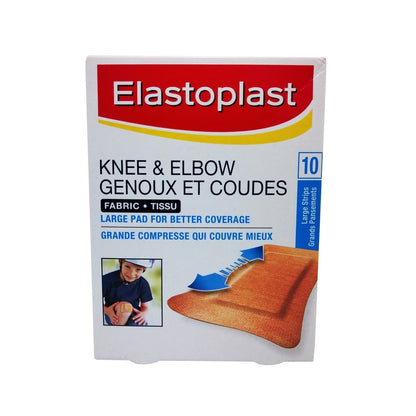 Product label for Elastoplast Knee and Elbow Large Fabric Bandages (10 bandages)