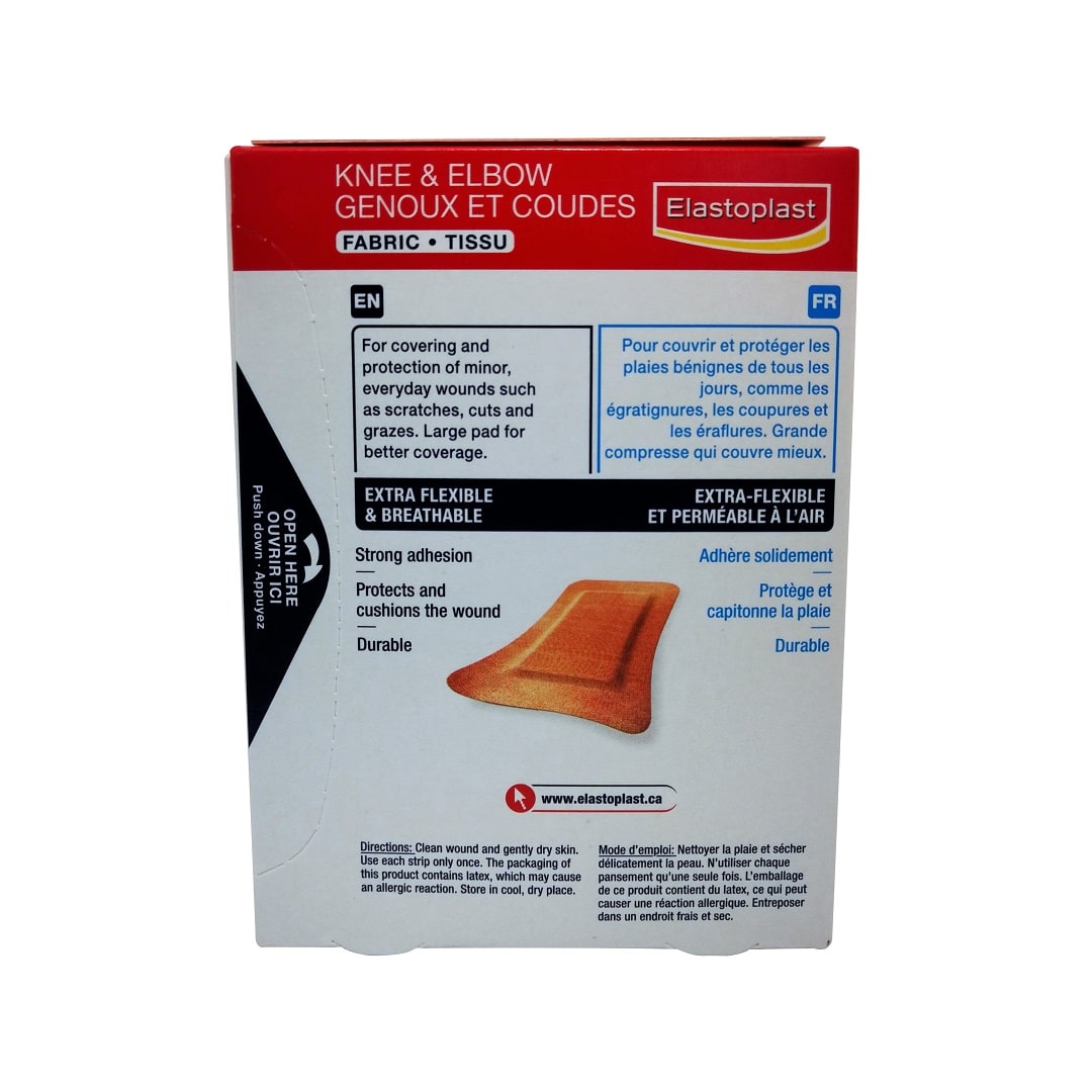 Description and directions for Elastoplast Knee and Elbow Large Fabric Bandages (10 bandages)