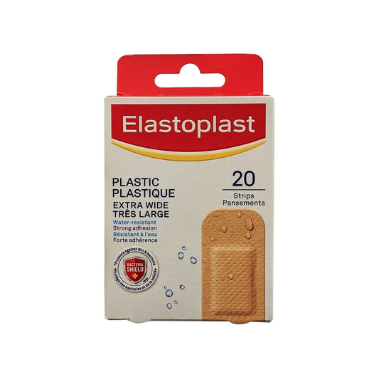 Product label for Elastoplast Plastic Extra Wide Water Resistant Bandages (20 bandages)