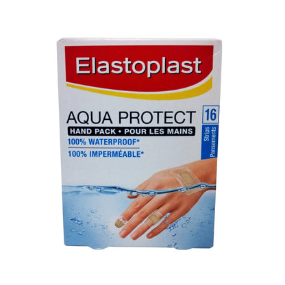 Product label for Elastoplast Waterproof Bandages Handpack (16 bandages)