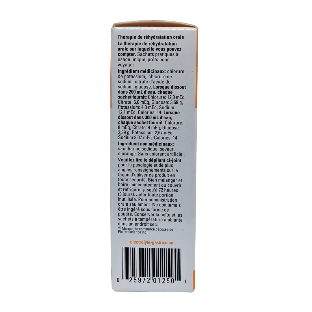 Description, ingredients, dose for Electrolyte Gastro Oral Rehydration Therapy Orange Flavour (8 x 4.93g) in French