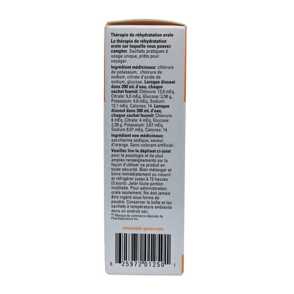 Description, ingredients, dose for Electrolyte Gastro Oral Rehydration Therapy Orange Flavour (8 x 4.93g) in French
