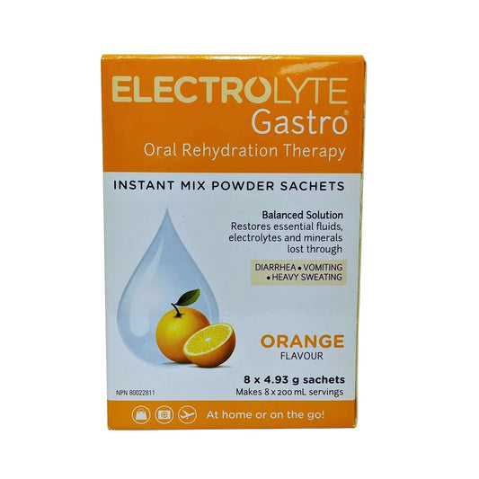 Product label for Electrolyte Gastro Oral Rehydration Therapy Orange Flavour (8 x 4.93g) in English