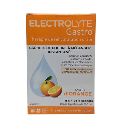 Product label for Electrolyte Gastro Oral Rehydration Therapy Orange Flavour (8 x 4.93g) in French
