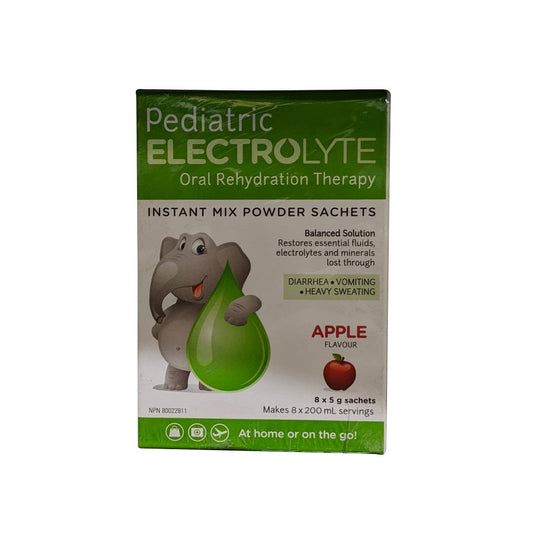 Product label for Electrolyte Pediatric Oral Rehydration Therapy Apple Flavour (8 x 5 grams) in English