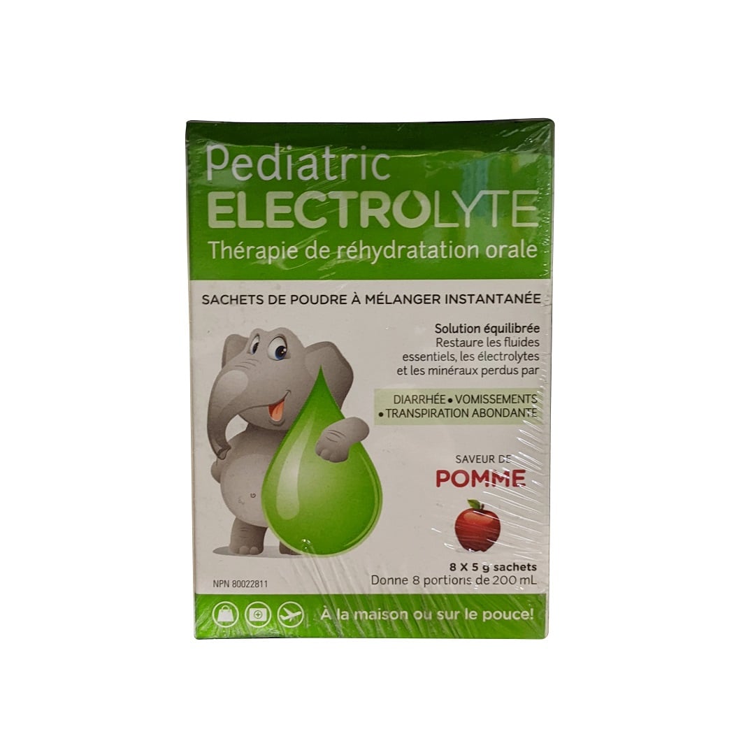 Product label for Electrolyte Pediatric Oral Rehydration Therapy Apple Flavour (8 x 5 grams) in French