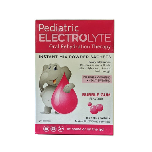 Product label for Electrolyte Pediatric Oral Rehydration Therapy Bubble Gum Flavour (8 x 4.94 grams) in English