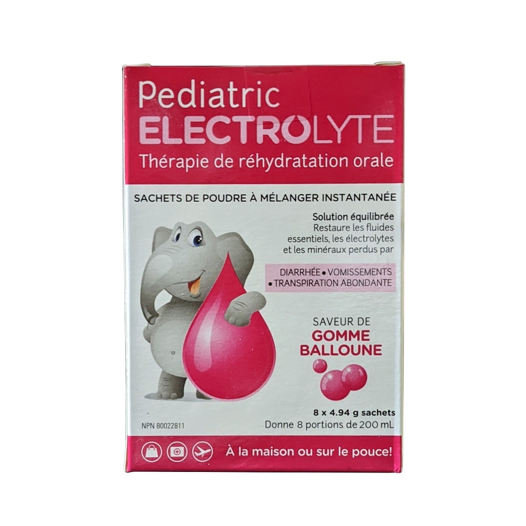 Product label for Electrolyte Pediatric Oral Rehydration Therapy Bubble Gum Flavour (8 x 4.94 grams) in French