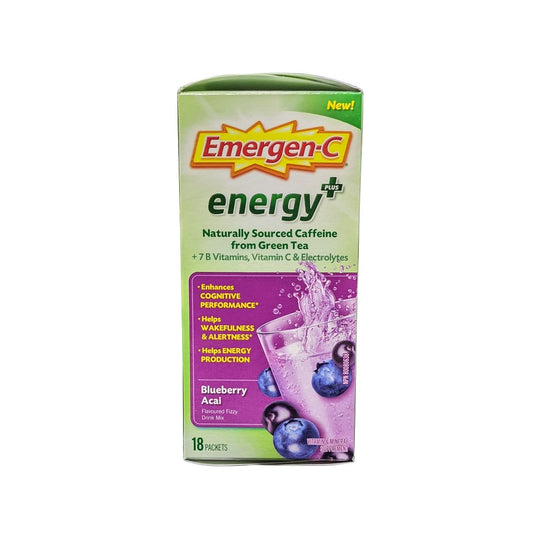 Product label for Emergen-C Energy Plus Blueberry Acai Flavour (18 sachets) in English
