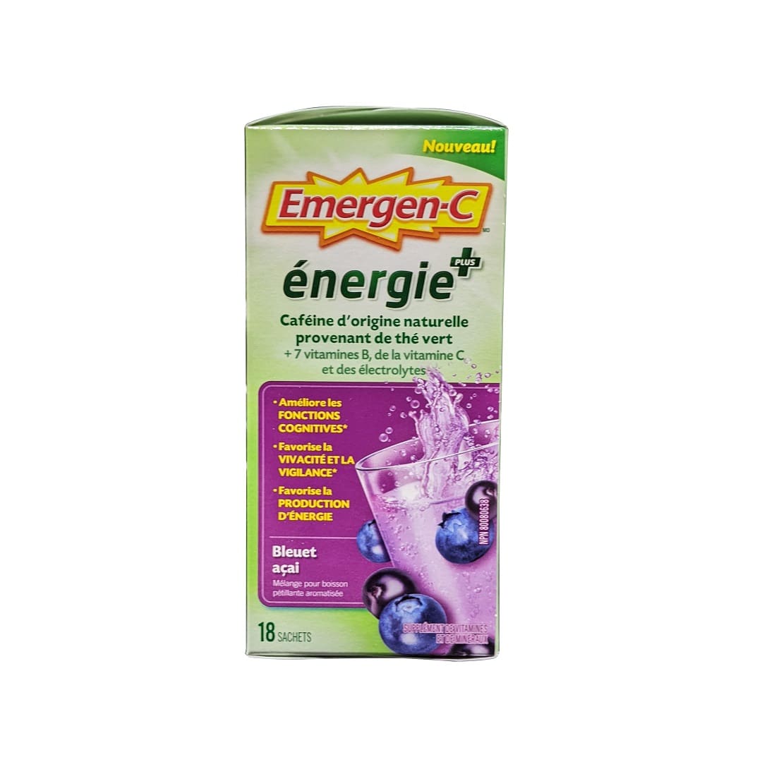 Product label for Emergen-C Energy Plus Blueberry Acai Flavour (18 sachets) in French