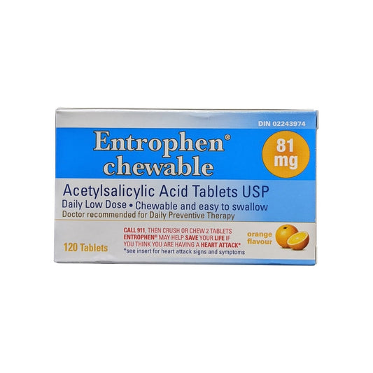 Product label for Entrophen Acetylsalicylic Acid 81mg Chewable Tablets Orange Flavour (120 tablets) in English