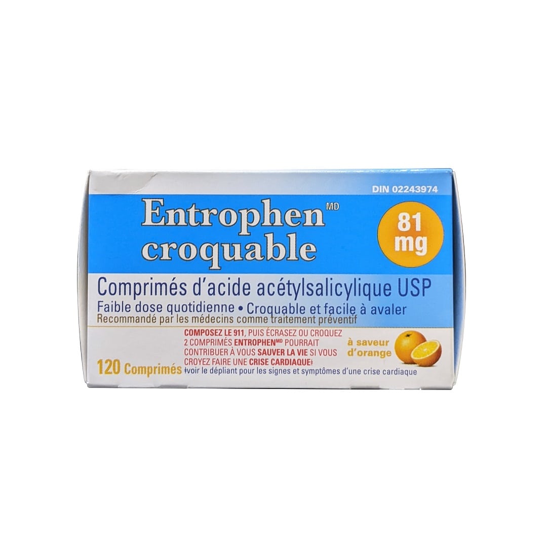 Product label for Entrophen Acetylsalicylic Acid 81mg Chewable Tablets Orange Flavour (120 tablets) in French