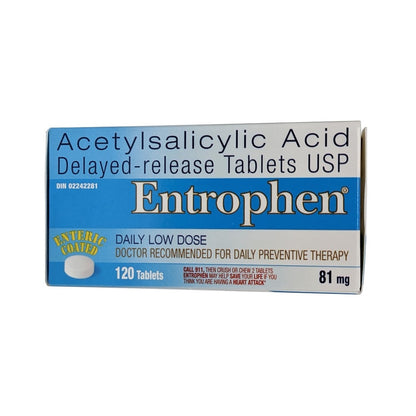 Product label for Entrophen Acetylsalicylic Acid 81mg Delayed Release Tablets 120 tabs in English