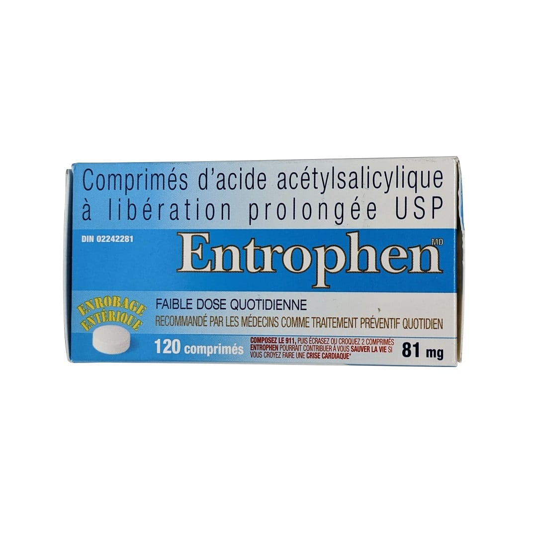 Product label for Entrophen Acetylsalicylic Acid 81mg Delayed Release Tablets 120 tabs in French
