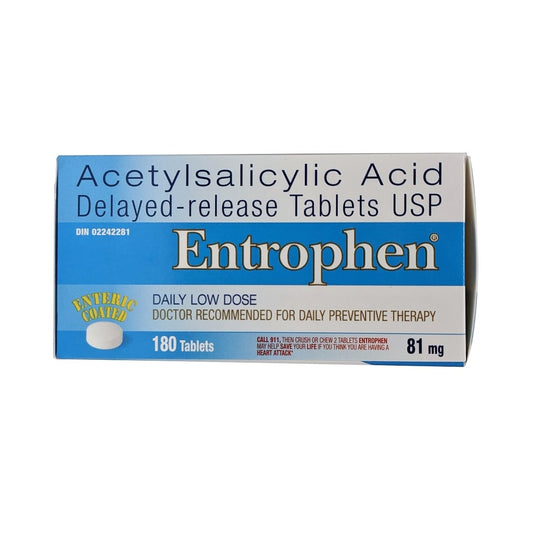 Product label for Entrophen Acetylsalicylic Acid 81mg Delayed Release Tablets 180 tabs in English
