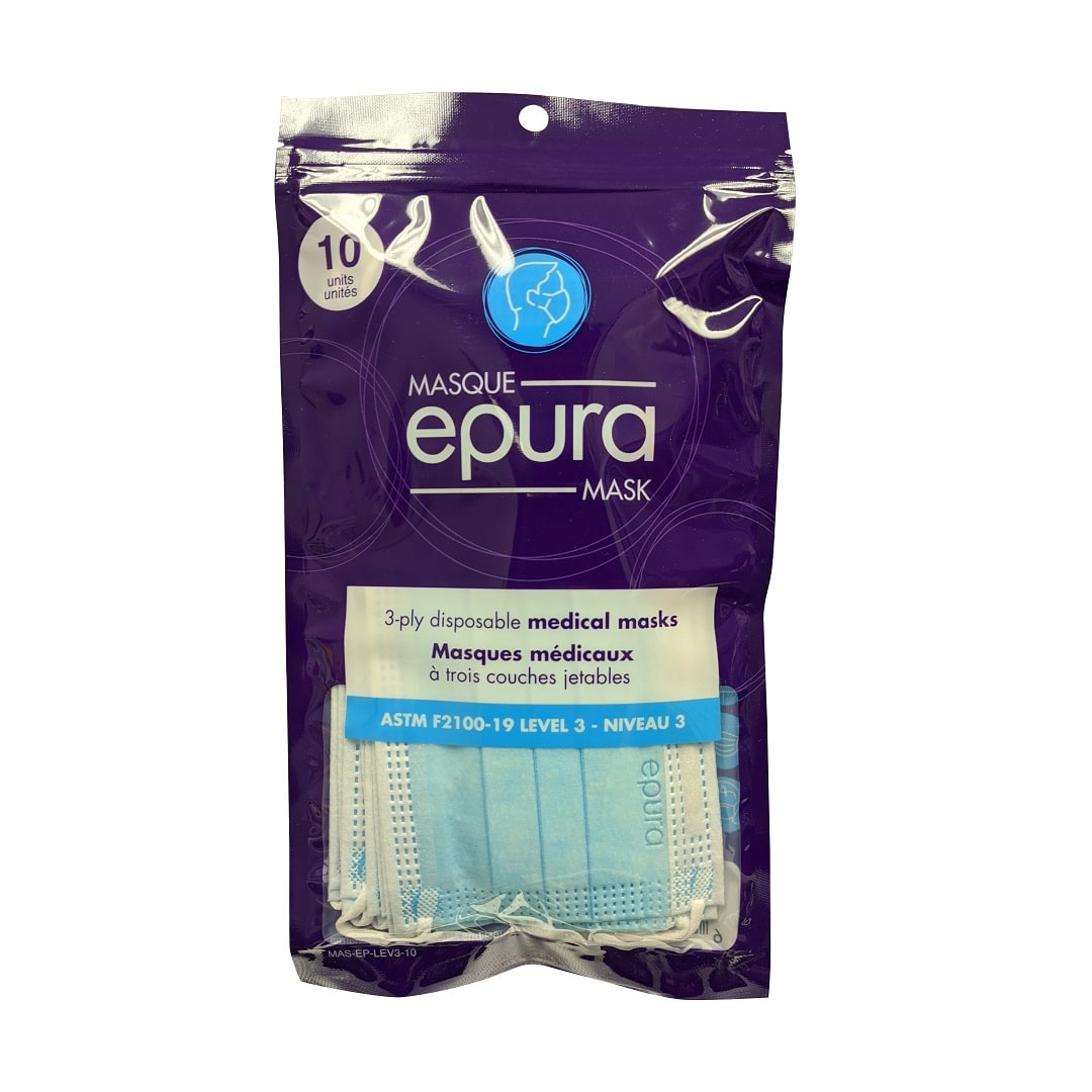 Product label for Epura 3-ply Disposable Medical Masks (ASTM F2100-19 Level 3) (10 count)