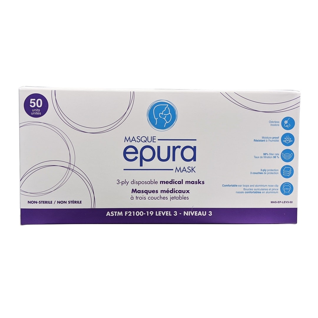 Product label for Epura 3-ply Disposable Medical Masks (ASTM F2100-19 Level 3) (50 count)