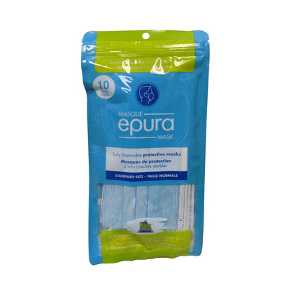 Product label for Epura 3-ply Disposable Protective Masks (10 count)