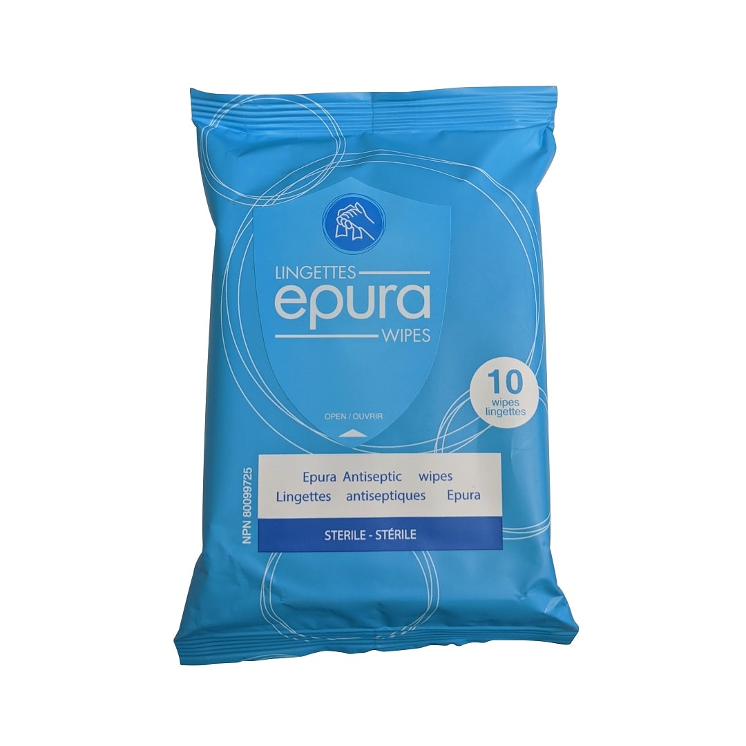 Product label for Epura Antiseptic Wipes (10 count)