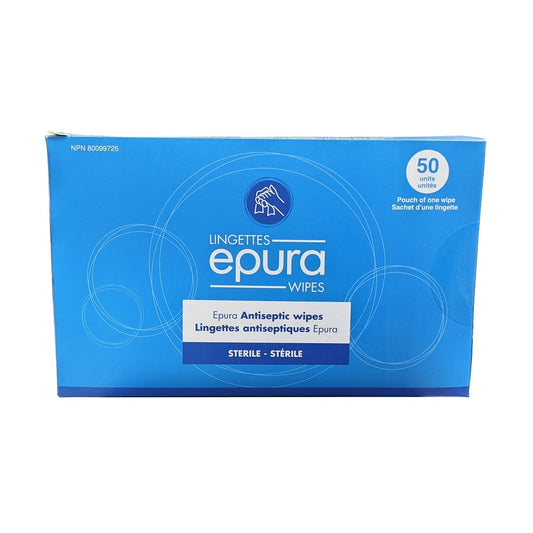 Product label for Epura Antiseptic Wipes (50 count)