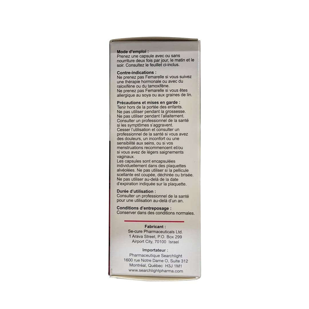 Directions, contraindications, cautions, warnings for Femarelle for Menopausal Symptoms and Bone Health (56 capsules) in French