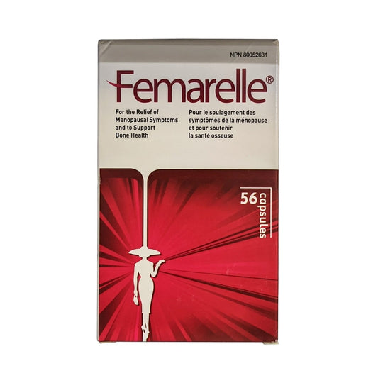 Product label for Femarelle for Menopausal Symptoms and Bone Health (56 capsules)