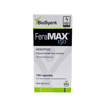 Product label for FeraMAX 150 Hematinic Polysaccharide-Iron Complex (100 Capsules) in English