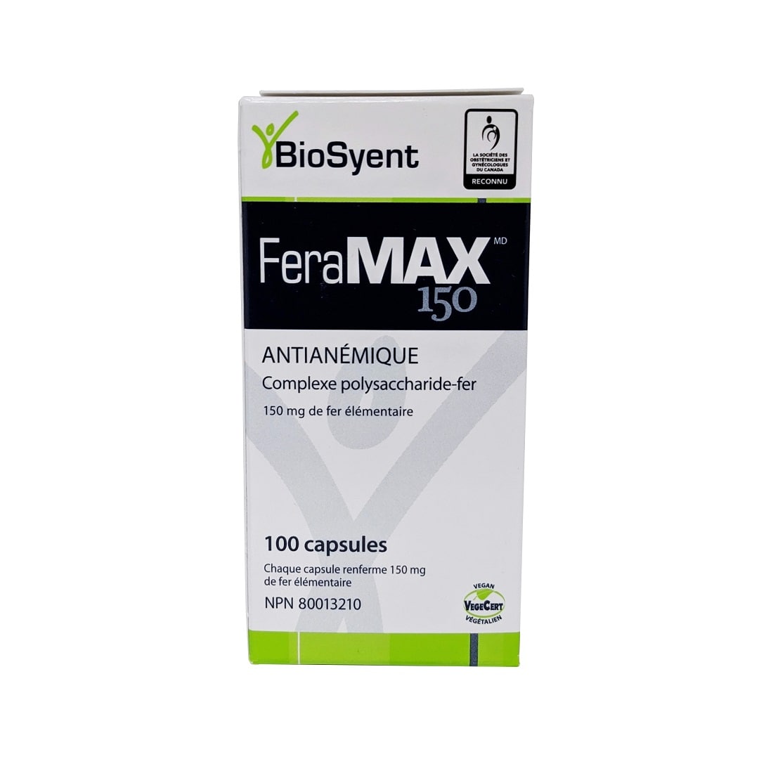 Product label for FeraMAX 150 Hematinic Polysaccharide-Iron Complex (100 Capsules) in French
