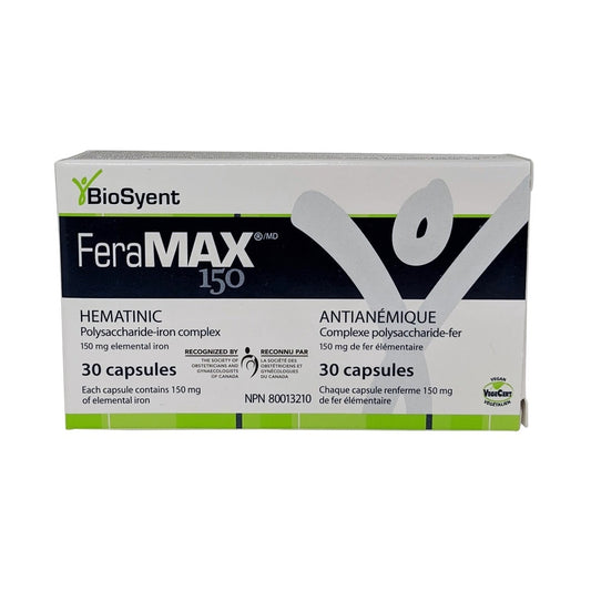 Product label for FeraMAX 150 Hematinic Polysaccharide-Iron Complex (30 Capsules)