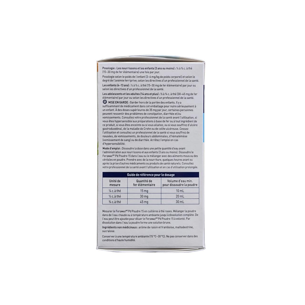 Dose. ingredients, cautions for FeraMAX PD Powder 15 mg (83 grams) in French