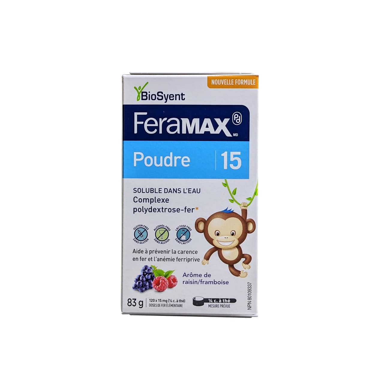 Product label for FeraMAX PD Powder 15 mg (83 grams) in French