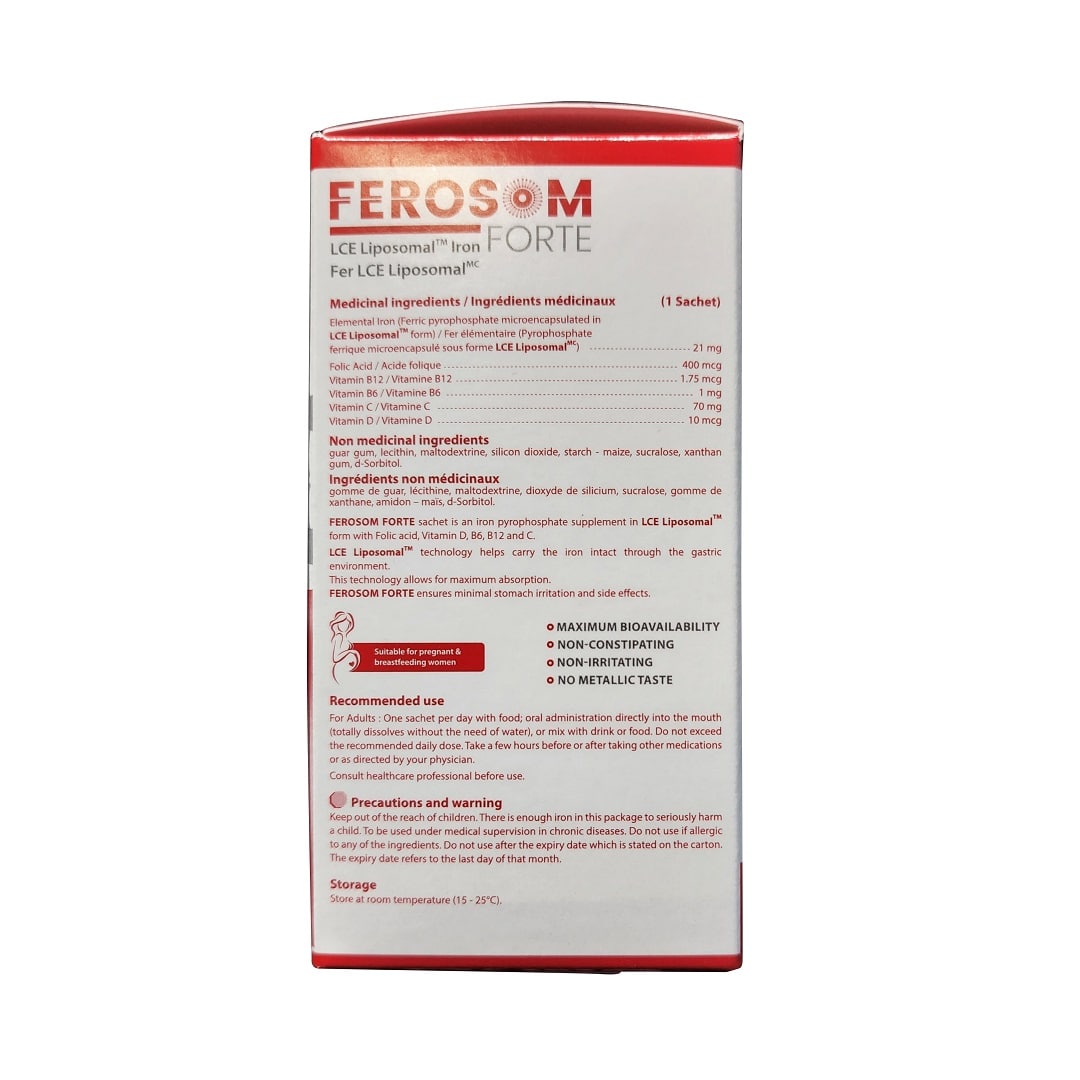 Ingredients, uses, warnings for Ferosom Forte LCE Liposomal Iron (20 count) in English