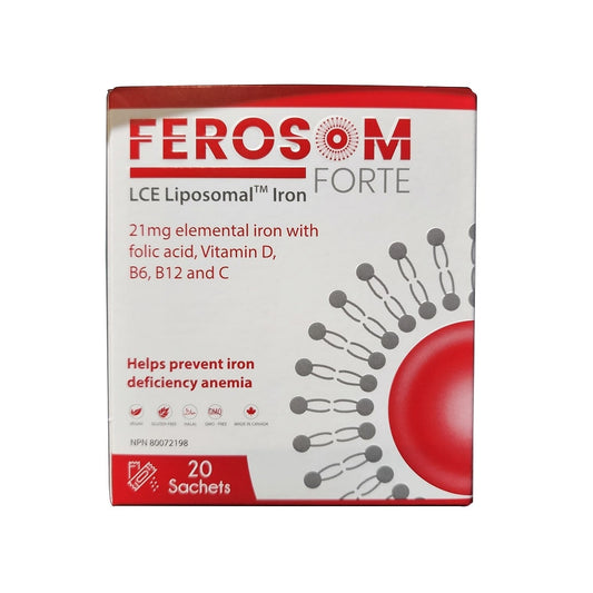 Product label for Ferosom Forte LCE Liposomal Iron (20 count) in English