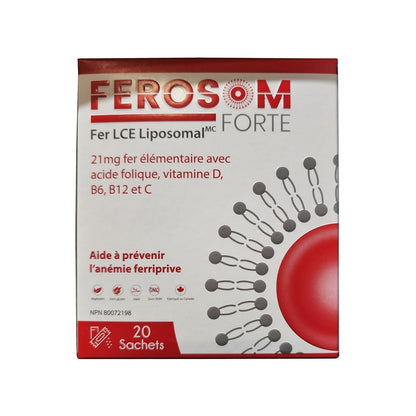 Product label for Ferosom Forte LCE Liposomal Iron (20 count) in French