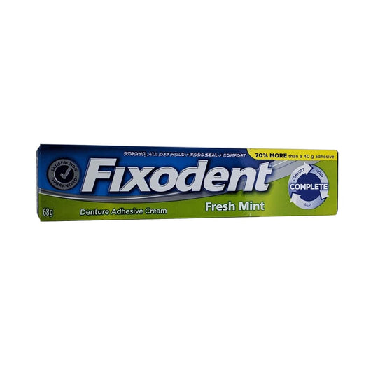 Product label for Fixodent Denture Adhesive Cream Fresh Mint (68 grams) in English