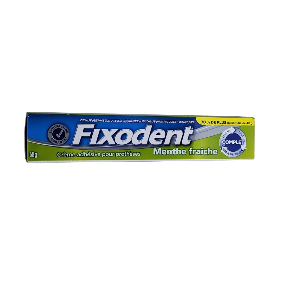 Product label for Fixodent Denture Adhesive Cream Fresh Mint (68 grams) in French