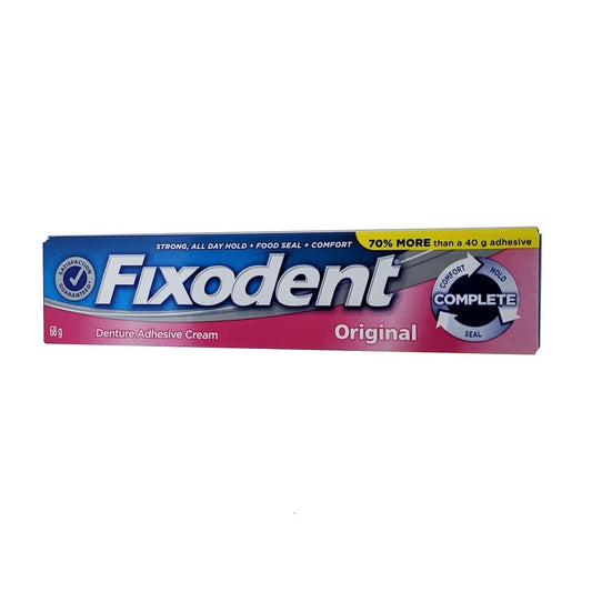 Product label for Fixodent Denture Adhesive Cream Original (68 grams) in English